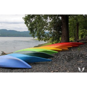Kayaks in a rainbow pattern